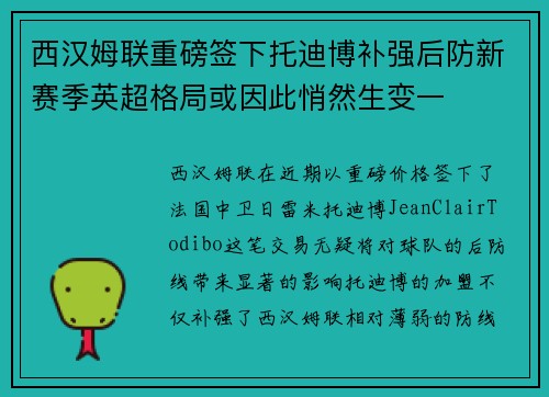 西汉姆联重磅签下托迪博补强后防新赛季英超格局或因此悄然生变一